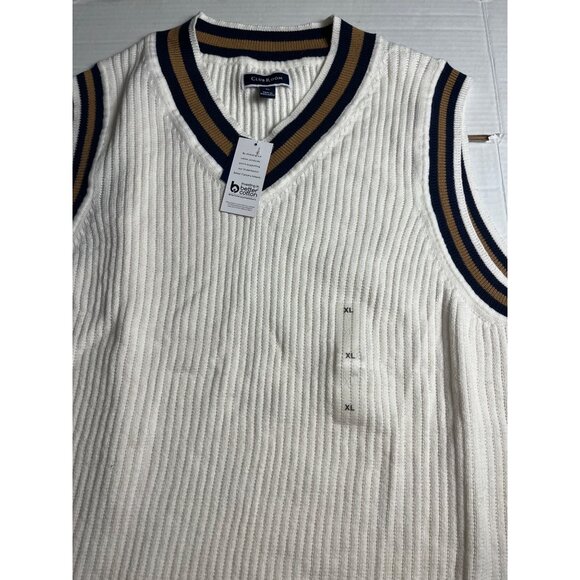 NWT-Club Room mens White Knit Cotton Sweater Vest XL With Striped Trim V-Neck - Picture 6 of 9